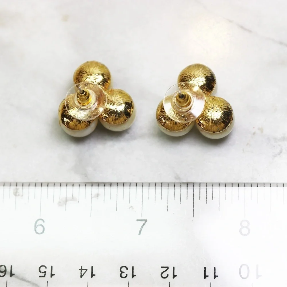 Pearl Earrings ~ Elegant Pierced Vintage Triple 8mm Cream Pearls in Gold Setting